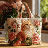 Handgefertigte Stepptasche – Rote Katze mit Rosen