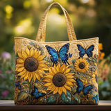 Handgefertigte Stepptasche – Sonnenblumen und blaue Schmetterlinge