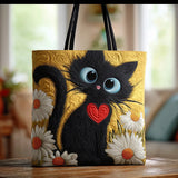 Handgefertigte Stepptasche – Schwarze Katze mit Margeriten