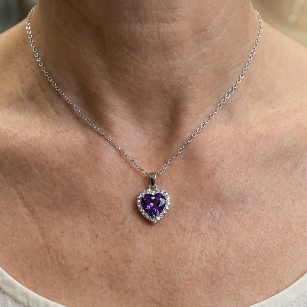Amethyst-Herz-Halskette mit Strahlenkranz | Weißgold