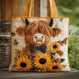 Handgefertigte Stepptasche – Hochlandrind mit Sonnenblumen