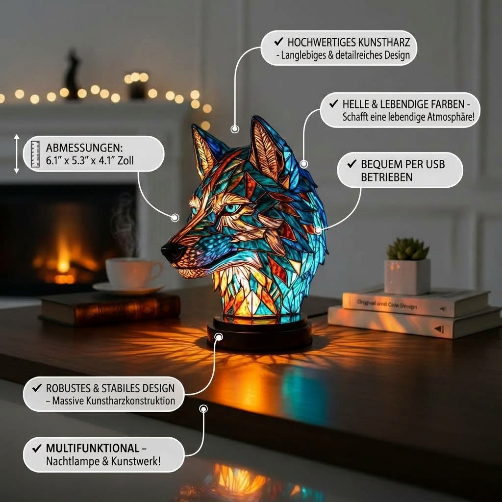 Bo – handgefertigte Wolf-Lampe aus Buntglas