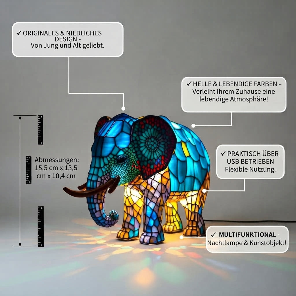 Noa – handgefertigte Elefanten-Lampe aus Buntglas