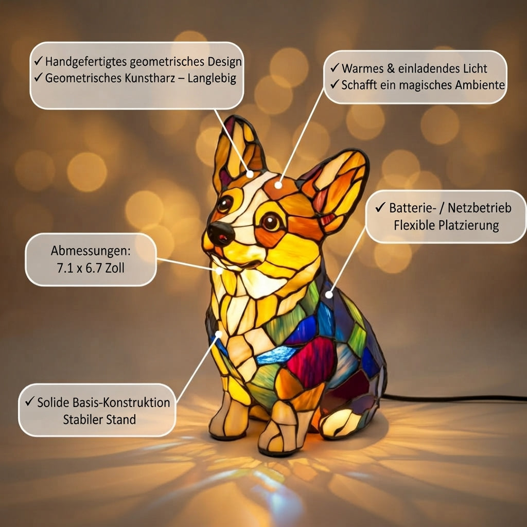 Strahlender Corgi – handgefertigte Lampe aus Buntglas