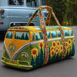 Gesteppte Reisetasche – Hippiebus mit Sonnenblumen