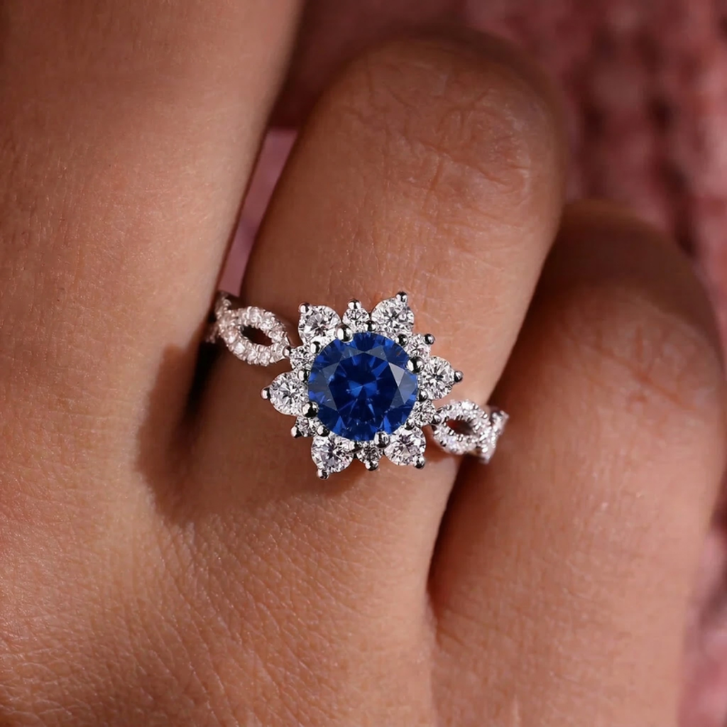 Blumenring mit Kristall und Saphir | Weißgold