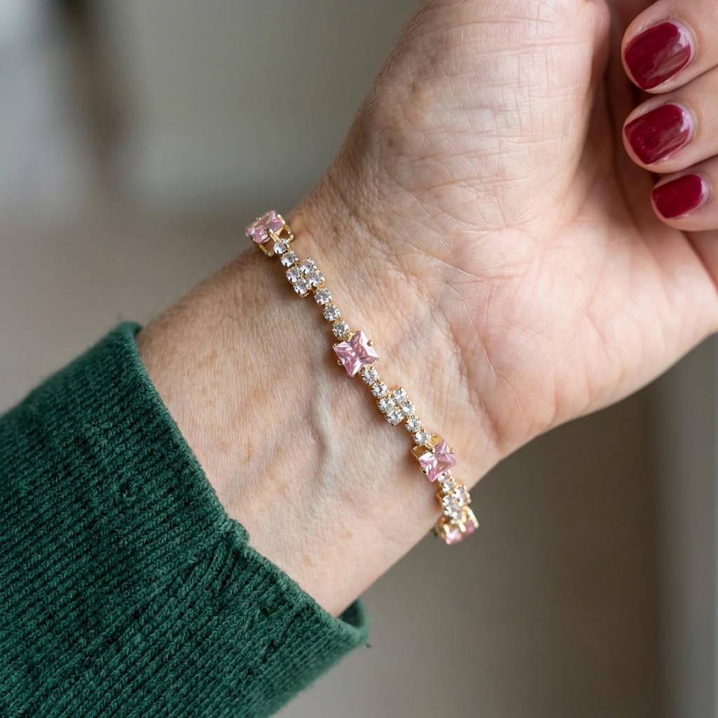 Tennisarmband mit Rosé-Quadraten | Gold
