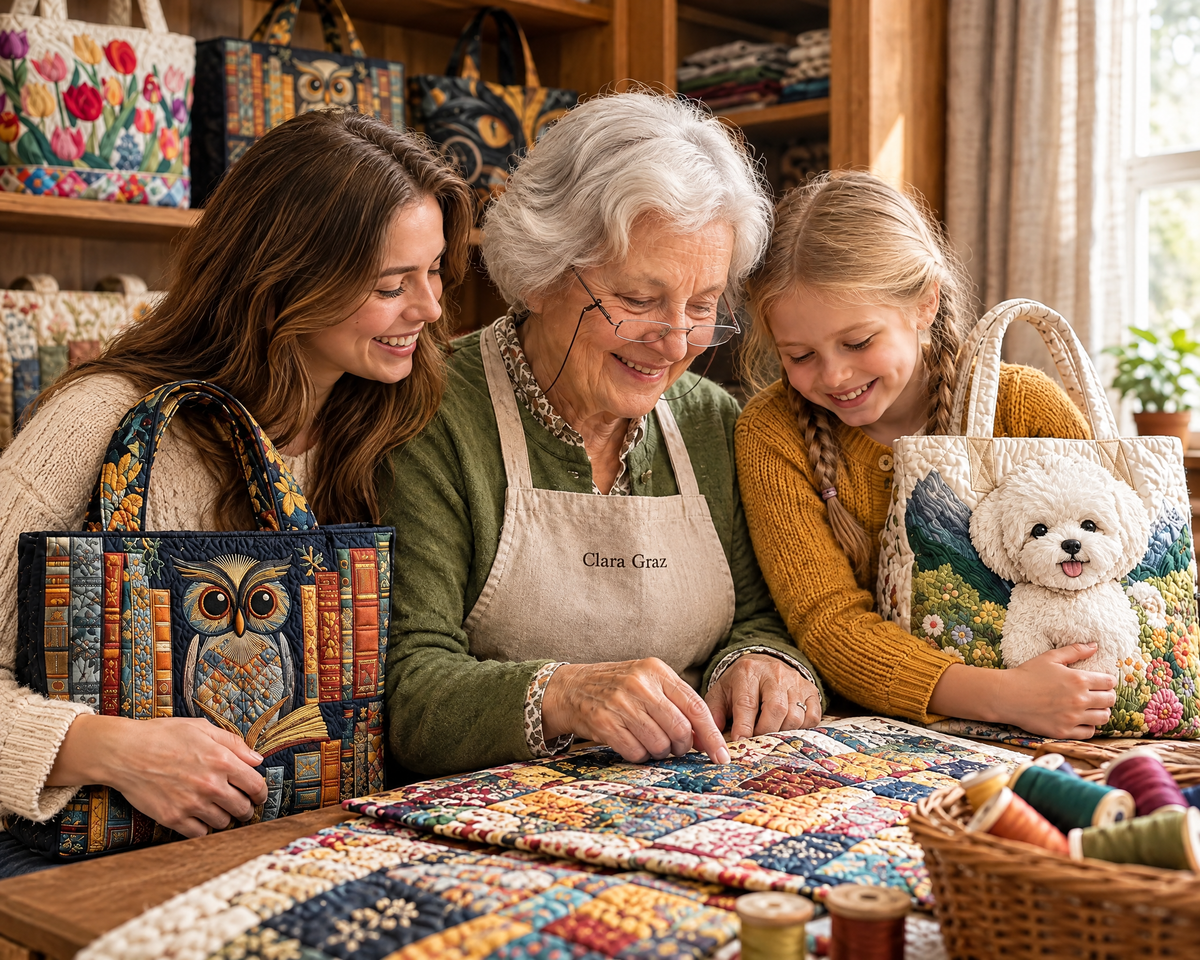 Oma Clara mit ihren Enkelinnen Lena und Sophie und ihren Lieblingstaschen